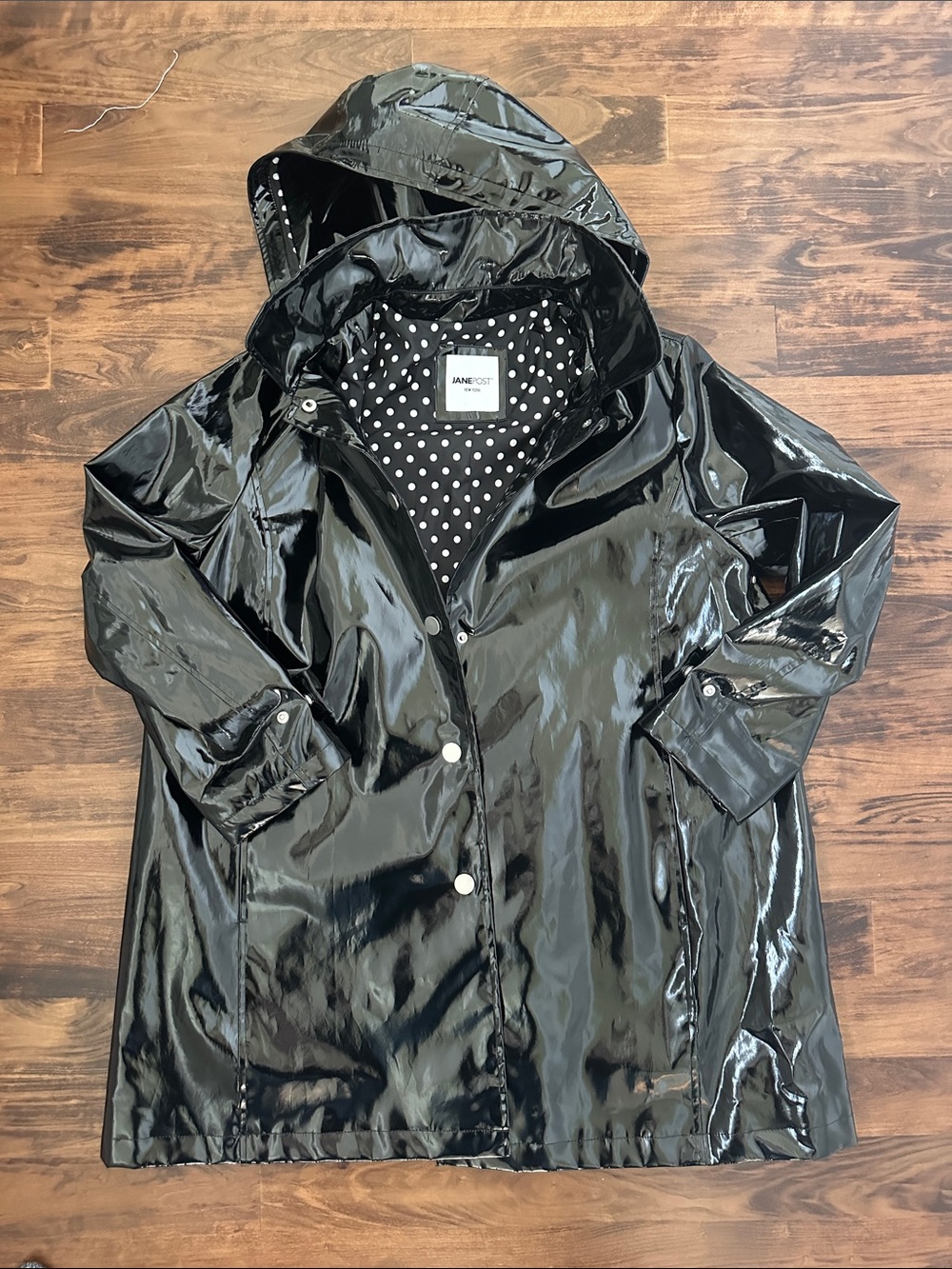Jane Post “Iconic Princess Slicker” Hooded Raincoat with Polka Dot Lining XL